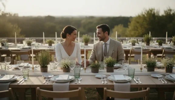 Styl ślubny eco-luxury 2026 – elegancka para w naturalnej aranżacji ślubnej z drewnianym stołem, lnianymi obrusami i zielonymi dekoracjami